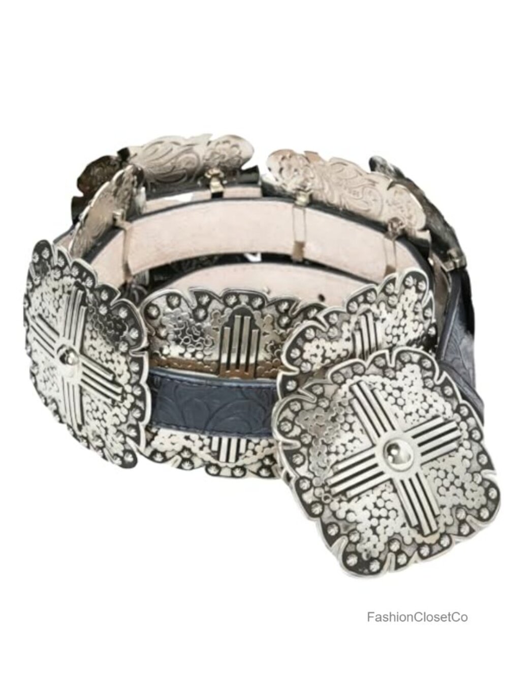 Floral Embossed Leather Belt Western Square Conchos Removable Buckle